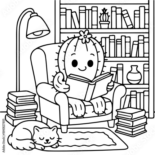 Cactus Reading a Book: A whimsical illustration depicts a cute cactus immersed in a book, nestled in a cozy armchair with a sleeping cat nearby and books around.