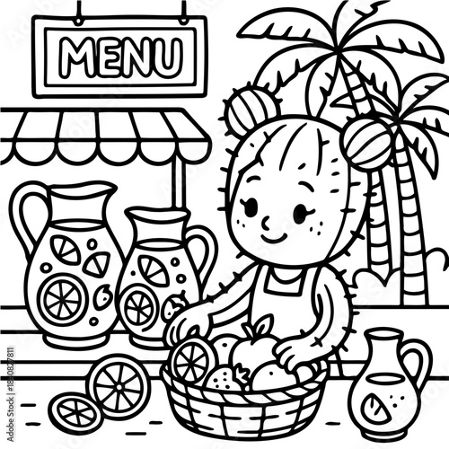 Fresh Juice Stand Illustration: A playful cartoon depicts a cheerful cactus character crafting fresh, fruity beverages at a quaint juice stand, embodying the vibrant essence of refreshment.