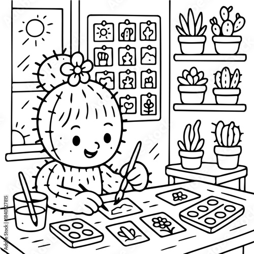 Creative Cactus: A charming cactus character artistically brings artwork to life, creating paintings with passion, imagination, and detail.