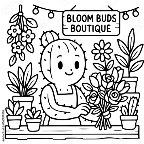 Cactus Character Florist at Bloom Buds Boutique: Charming cactus character meticulously crafts a beautiful floral bouquet within a quaint flower shop.