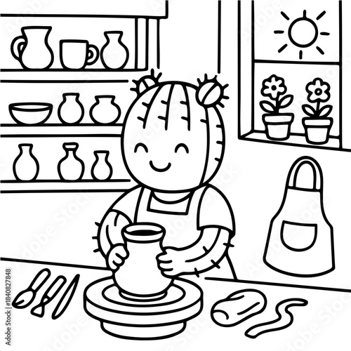 Cactus Potter at Work: An adorable cactus character focuses on crafting pottery at a potter's wheel, surrounded by tools and displaying their artistry