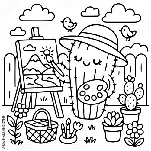 Cactus Artist and Serene Landscape: An artist cactus, donning a stylish hat, passionately paints a tranquil scene of mountains, sun, and water. A serene landscape painted with love.