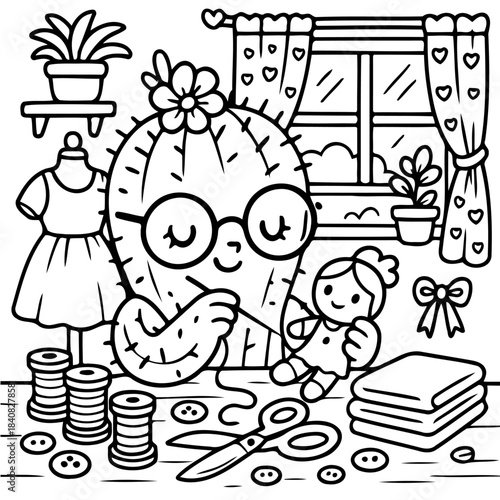 Crafty Cactus Atelier: A whimsical illustration of a smiling cactus engrossed in crafting, surrounded by sewing essentials and decor, evoking the charm of a creative space.