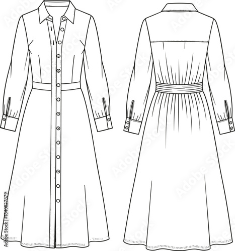 Women's long sleeve midi shirtdress fashion flat sketch template, technical drawing with shirt collar, full button front, self-fabric belt, and flared skirt, front and back view, vector.