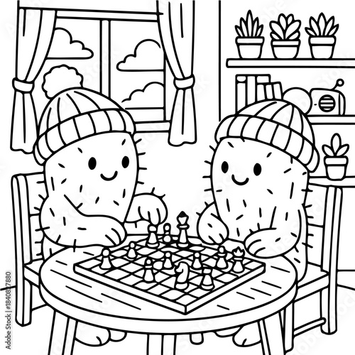 Cactus Chess Match: Two charming cactus characters, donning winter hats, engage in a friendly game of chess, set in a cozy room with a view to the outside world.