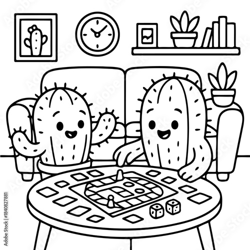 Cactus Companions Board Game Fun: Two friendly cacti enthusiastically engage in a board game, surrounded by cozy home decor elements. This cute scene captures a moment of playful leisure.