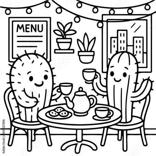 Cactus Cafe: Two charming cartoon cacti enjoy a cozy afternoon tea at a delightful cafe, surrounded by ambient lighting and a cheerful menu.