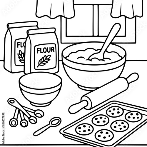 Baking Setup: A detailed illustration captures the essence of baking. Flour, mixing bowl, and ingredients come together in a symphony of flavors and textures, with fresh baked cookies.