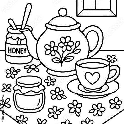 Still life Tea: An idyllic illustration of a teapot with floral decorations, a cup with heart symbol, and small honey jar rests atop a floral decorated tablecloth