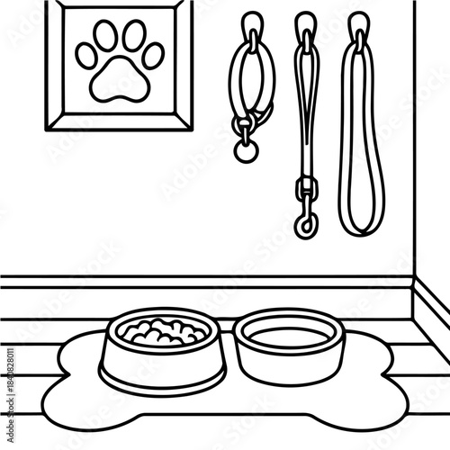 Cozy Corner for Companion: This monochrome image showcases a meticulously arranged nook dedicated to a pet, featuring a paw print art, hanging accessories, and a feeding station.