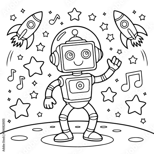 Joyful Cosmic Companion: A cheerful robot dances merrily in a vibrant space scene, surrounded by musical notes, rockets and twinkling stars. a visual ode to imagination and the future.
