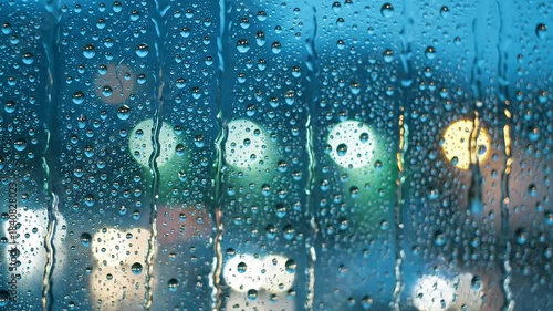Raindrops on glass with blurred city lights creating a moody and atmospheric bokeh effect