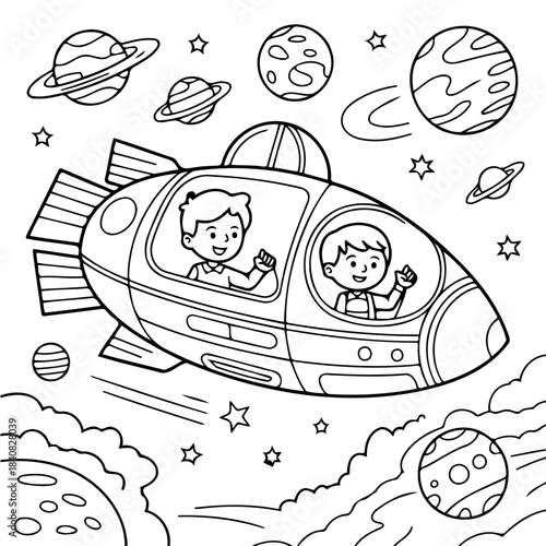 Astronauts in space ship: Two joyous astronauts embark on a cosmic adventure, piloting a futuristic spaceship through a galaxy of vibrant planets and twinkling stars.