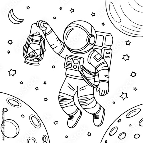 Astronaut in the Cosmos: An astronaut, illuminating the vast, star-studded expanse of space with a lantern, navigates among celestial bodies like planets and a crescent moon.