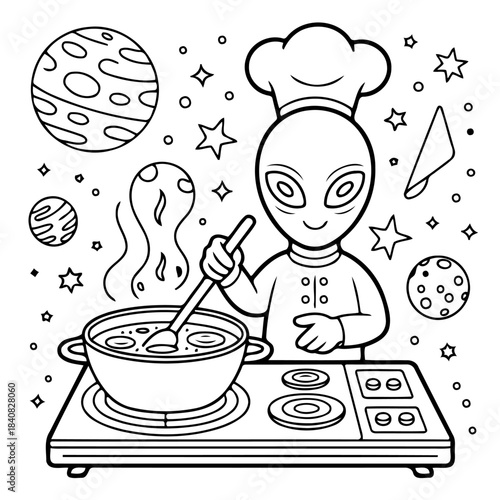 Cosmic Culinary Creation: An extraterrestrial chef stirs a bubbling broth in a gleaming pot, while intergalactic planets and sparkling stars surround this space age kitchen setting.