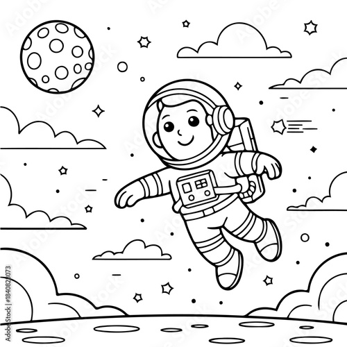 Astronaut in Cosmos Exploration: A cartoon illustration depicts a young astronaut floating through the vast expanse of space, surrounded by celestial bodies and adventure.
