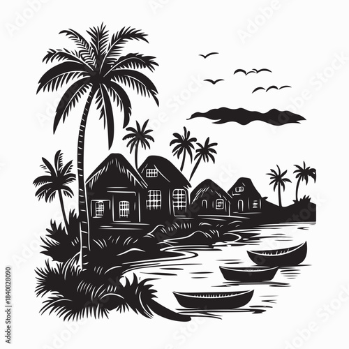 Traditional Fishing Boat Docked on a Beautiful Rural Beach Silhouette Vector