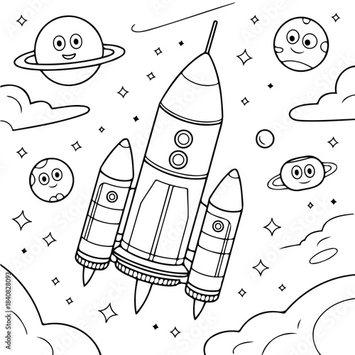 Cosmic Voyage Illustration: A whimsical illustration of a rocket ship soaring through the boundless expanse of space, accompanied by smiling planets and celestial bodies. 