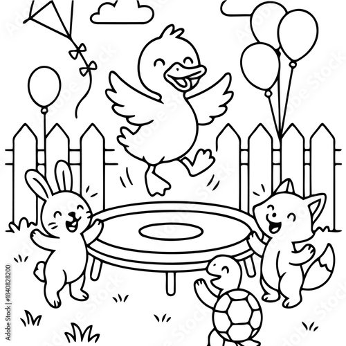 Playful Pals on Trampoline: A joyful gathering of cute animal friends leaps and bounces on a trampoline, their spirits soaring with glee under a bright sky, filled with balloons and a kite.
