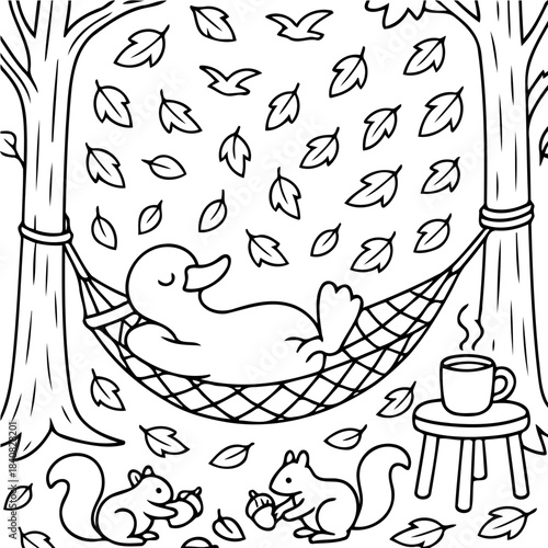 Duck's Serene Autumn Respite:  An illustration of a tranquil duck enjoys a cozy rest in a hammock nestled between trees.