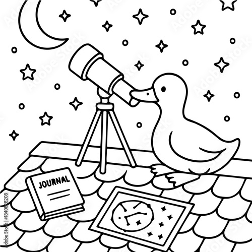 Starry-Eyed Explorer: An adorable duck, captivated by the cosmos, gazes through a telescope atop a rooftop under the watchful gaze of the moon and stars, accompanied by a journal and a star chart.