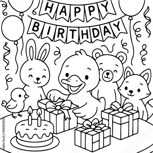 Birthday Party: A joyful birthday scene features a duck, bunny, bear, and fox, all gathered around gifts and a birthday cake, under festive banners and balloons, creating a heartwarming celebration.