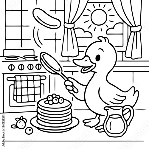 Duck Cooking Pancake: A cheerful duck character is joyfully cooking pancakes in a kitchen, a cartoon-style image with a playful scene.