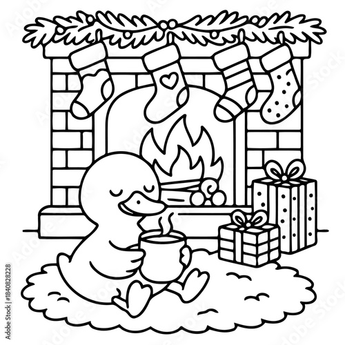 Cozy Duck's Winter Serenity: A charming duck enjoys a moment of peacefulness by a fireplace decorated with holiday cheer, a cup of warmth cradled in its paws amidst Christmas present.