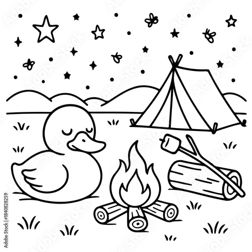 Duckling's Camping Adventure: A serene illustration depicts a camping scene, with a cute duckling peacefully nestled beside a crackling campfire, tent, under the starlit sky.
