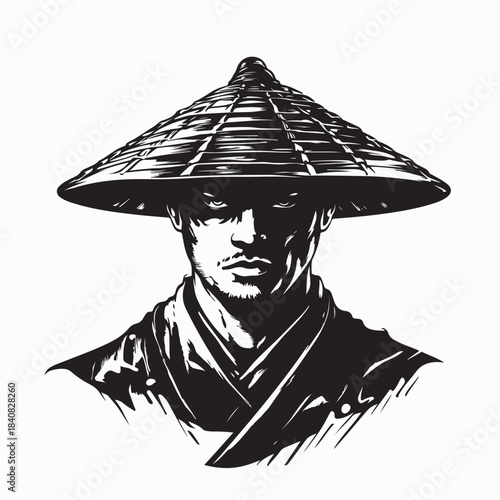 Traditional Samurai Fighter with Straw Hat Illustration on White Background