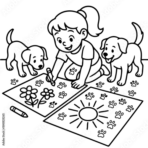 Creative Art with Companions: A young artist immersed in a creative endeavor, surrounded by loyal canine companions, meticulously crafts vibrant artwork with crayons.