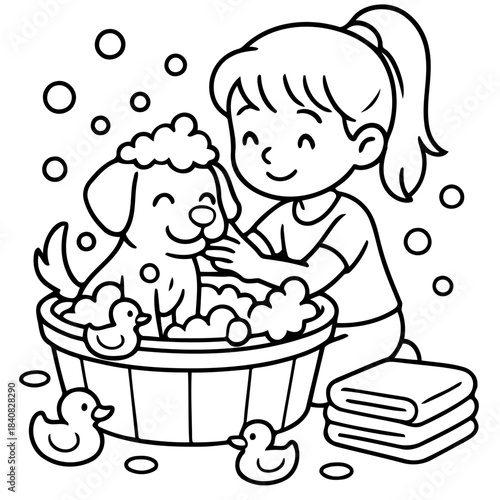 Pet Bath Time Delight: A delightful moment as a girl lovingly bathes a small dog in a tub, bubbles and rubber ducks adding to the cheerful scene. A gentle moment of care and fun.