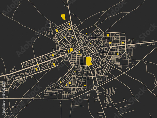 Fotografie Flat city map of Manbij, Syrian Arab Republic in noir yellow color palette