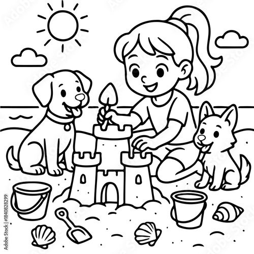 Coastal Fun: A cheerful girl and two playful pups are making sandcastle at beach, painting a picture of sun-kissed joy and creative expression. The scene is brimming with fun and frolic.
