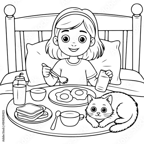 Breakfast Time Delight: A cheerful little girl enjoys her breakfast in bed, accompanied by a cute feline friend, embracing a moment of calm and simple pleasure. 