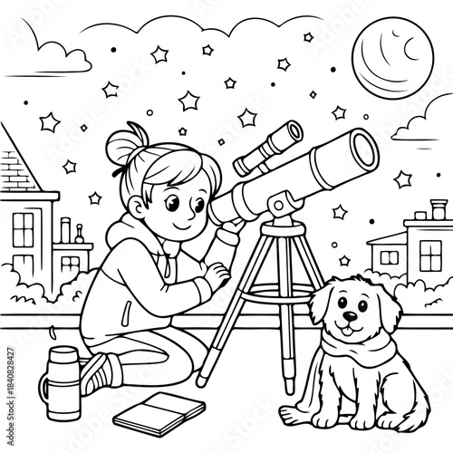 Dreaming of Stars: A young person gazes in wonder through a telescope, accompanied by their loyal canine companion, as they explore the cosmos from their rooftop, stars twinkling above.