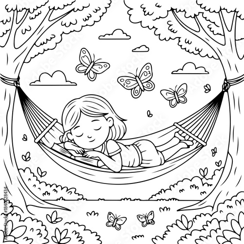 Dreamy Relaxation in Hammock: A young girl enjoys a moment of peaceful rest, enveloped by the tranquility of nature, as butterflies flutter gracefully around her hammock. 