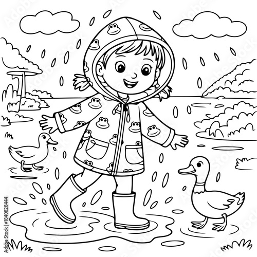 Rainy Day Joy: A young girl, clad in a hooded raincoat and rain boots, joyfully splashes in puddles on a rainy day, creating a scene of childlike wonder and playful fun.