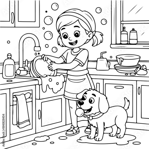 Kitchen Serenity: A young girl washes dishes in a bright kitchen as a playful puppy watches by her side, fostering a sense of warmth and camaraderie.