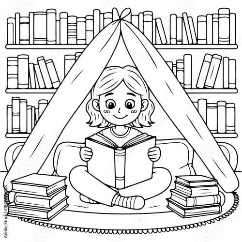 Literary Adventure: A charming young girl immersed in a captivating book, creating her own cozy reading nook within a library, surrounded by the world of knowledge.