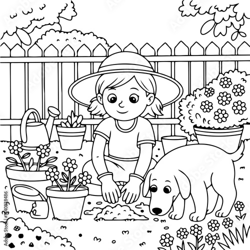 Nurturing Bloom: A young girl, enveloped by the tranquility of her garden, tends lovingly to her flowers, alongside her furry friend. She's creating life