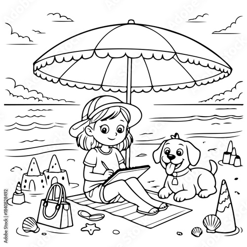 A Beach Day's Delight: A young girl and her loyal canine companion enjoy a blissful beach day under the shade of a large umbrella. The serene scene is filled with simple joys and summertime fun.