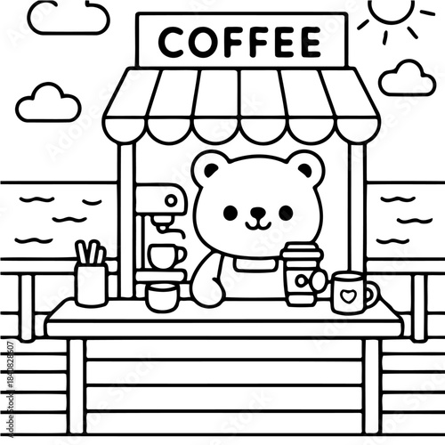 Bear's Beachside Coffee Haven: A friendly bear barista serves up a perfect cup of coffee at a charming beachside kiosk, enjoying the tranquil beauty of the sunny coastal scene.