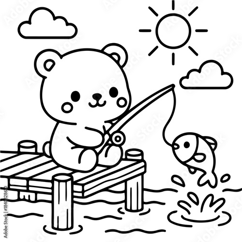 Fishing Bear: A cute cartoon bear enjoys a sunny day of fishing, with a happy fish jumping out of the water. This playful image depicts the joy of leisure and nature.