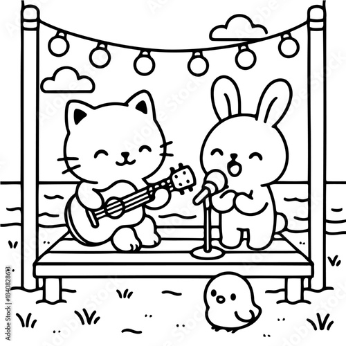 Harmonious Melodies: A delightful scene unfolds as a charming cat strums a guitar, serenading with a sweet tune alongside a happy rabbit using a microphone, creating a moment of pure musical joy.