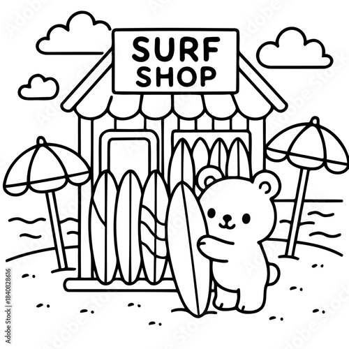 Cute Surf Shop Illustration: A charming, cartoon-style illustration of a surf shop at the beach, featuring a bear holding a surfboard, creating a playful and inviting atmosphere. 