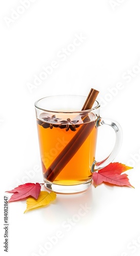Warm spiced beverage served in a glass mug garnished with cinnamon sticks and star anise rests on a white surface with colorful autumn leaves