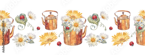 Watercolor seamless border with bouquet yellow chamomile and red ladybug in teapot on white background. Hand-drawn summer bloom flower chrysanthemum for card. Rim for wedding. Wallpaper or wrapping