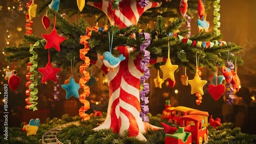 Festive Holiday Tree Adorned with Handmade Ornaments and Toy Train Decoration for Christmas Celebration