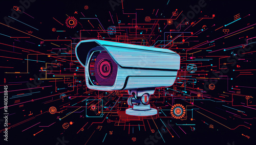 Vibrant neon geometric digital art security camera